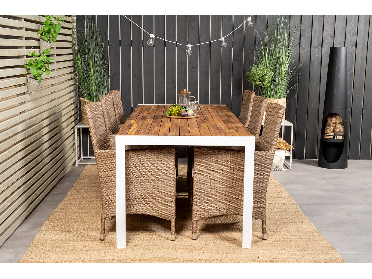 Bois Gartenset Tisch 90x205cm und 6 Stühle Malin natur, weiß.