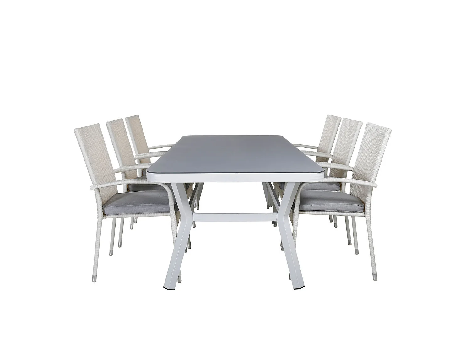 Virya Ensemble table et chaises de jardin, table 100x200cm et 6 chaises Anna, blanc, gris.