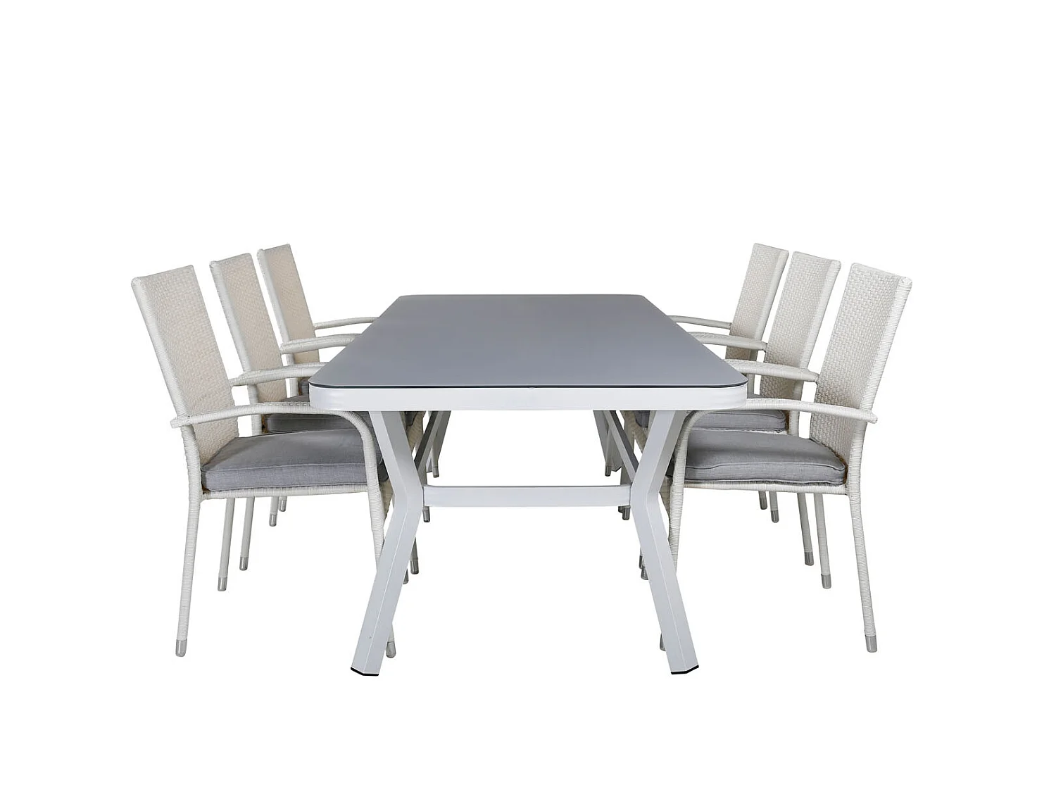Virya Ensemble table et chaises de jardin, table 100x200cm et 6 chaises Anna, blanc, gris.