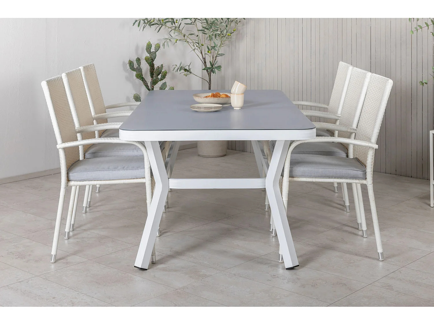 Virya Ensemble table et chaises de jardin, table 100x200cm et 6 chaises Anna, blanc, gris.