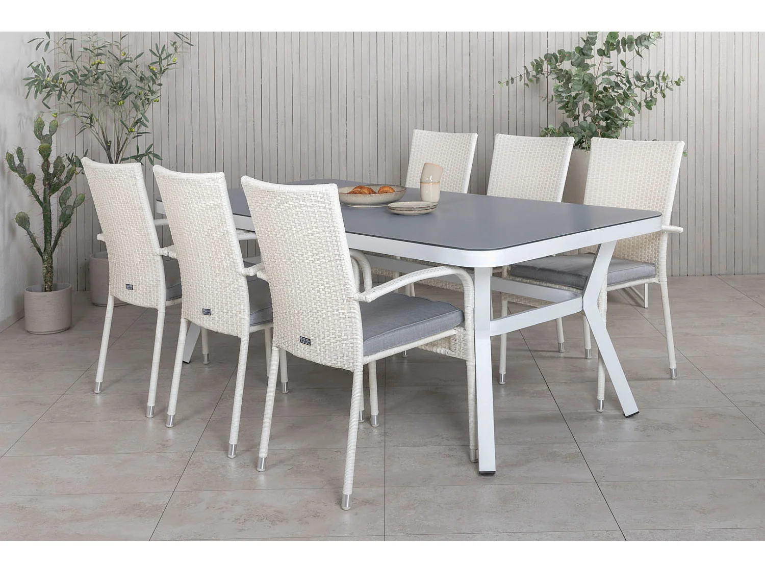 Virya Ensemble table et chaises de jardin, table 100x200cm et 6 chaises Anna, blanc, gris.