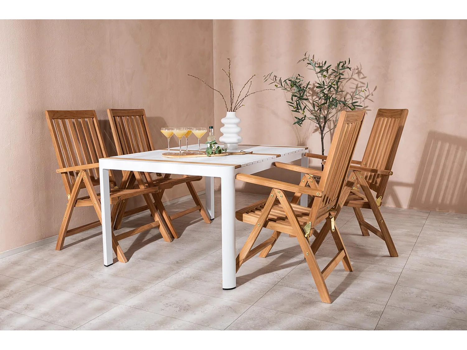 Togo ensemble table et chaises de jardin, table 150x100cm, 4 chaises Kenya, blanc,naturel.