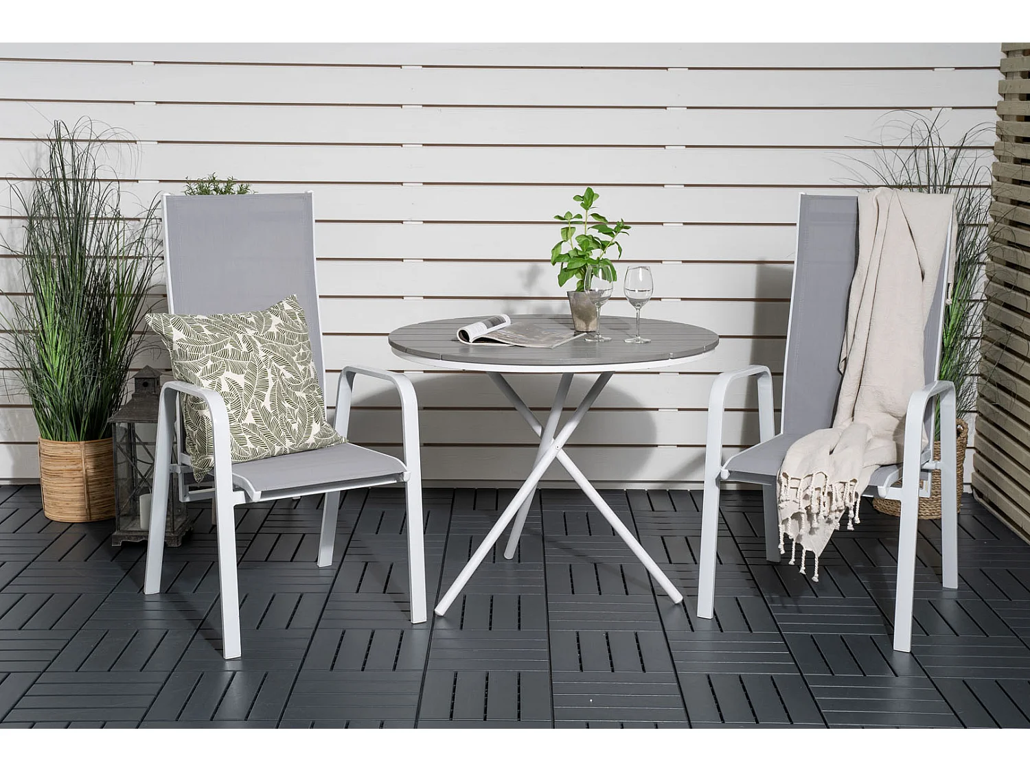 Parma Ensemble table et chaises de jardin, table Ø90cm et 2 chaises Copacabana, blanc, gris, crème.