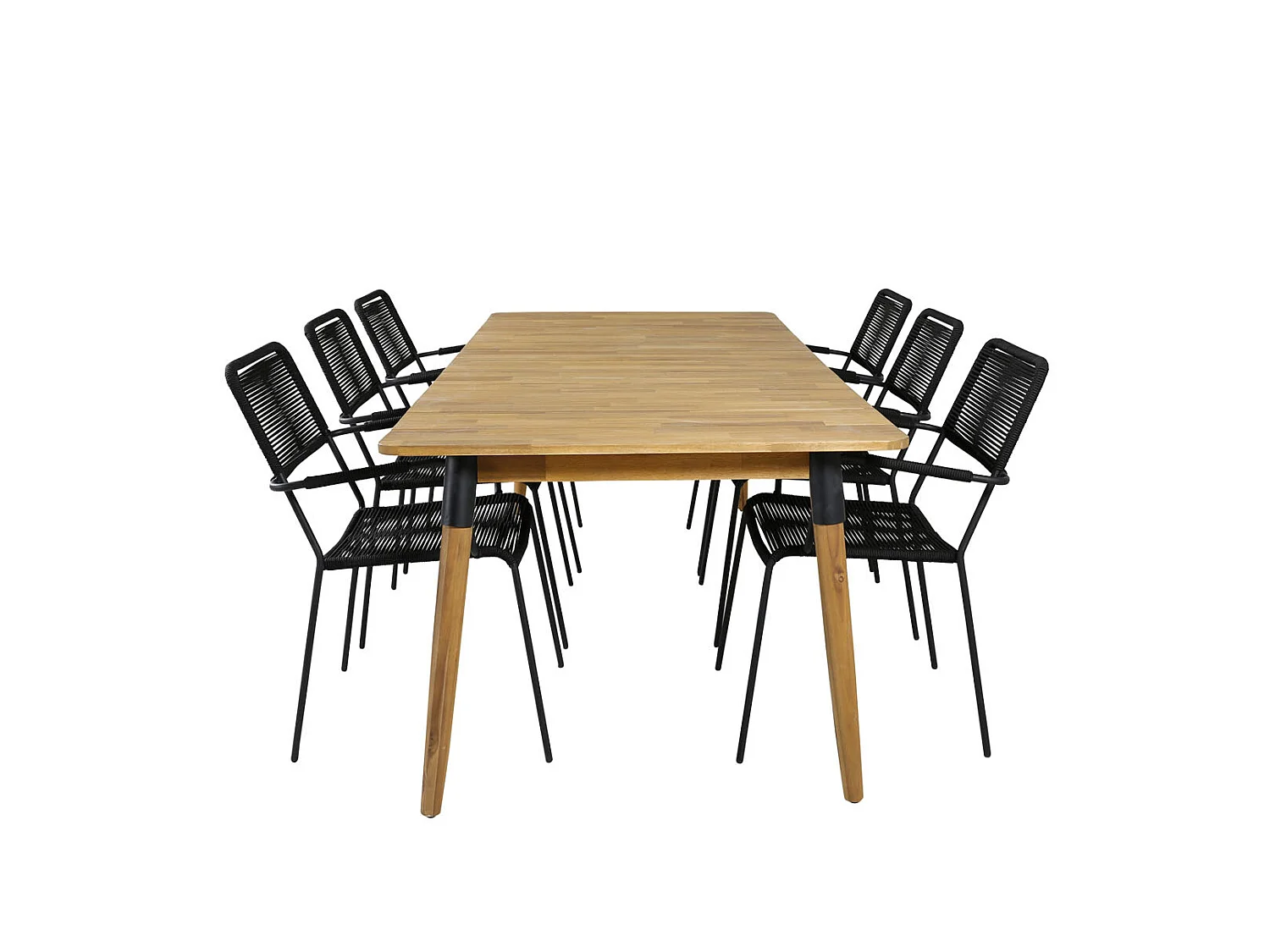 Julian Ensemble table et chaises de jardin, table 100x210cm et 6 chaises Lindos avec accoudoirs, noir, naturel.