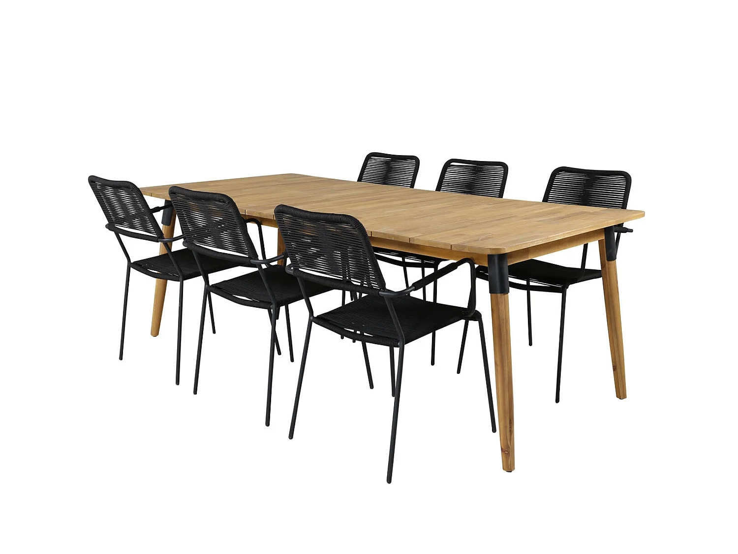 Julian Ensemble table et chaises de jardin, table 100x210cm et 6 chaises Lindos avec accoudoirs, noir, naturel.