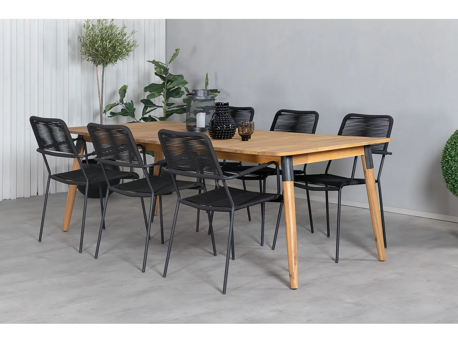 Julian Gartenset Tisch 100x210cm und 6 Stühle Armlehne Lindos schwarz, natur.