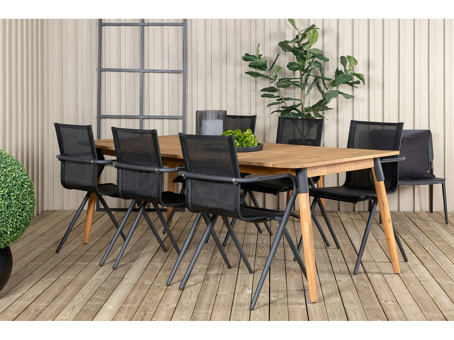 Julian Ensemble table et chaises de jardin, table 100x210cm et 6 chaises Alina, noir, naturel.