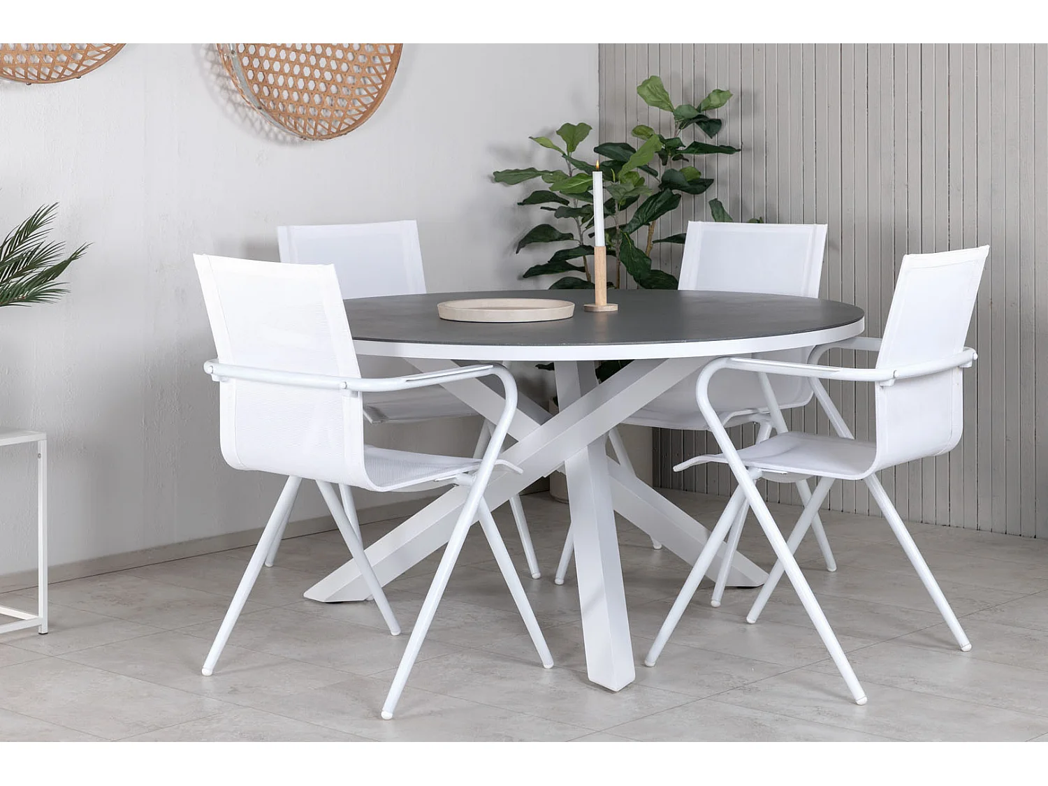 Copacabana Ensemble table et chaises de jardin, table Ø140cm et 4 chaises Alina, blanc, gris, crème.