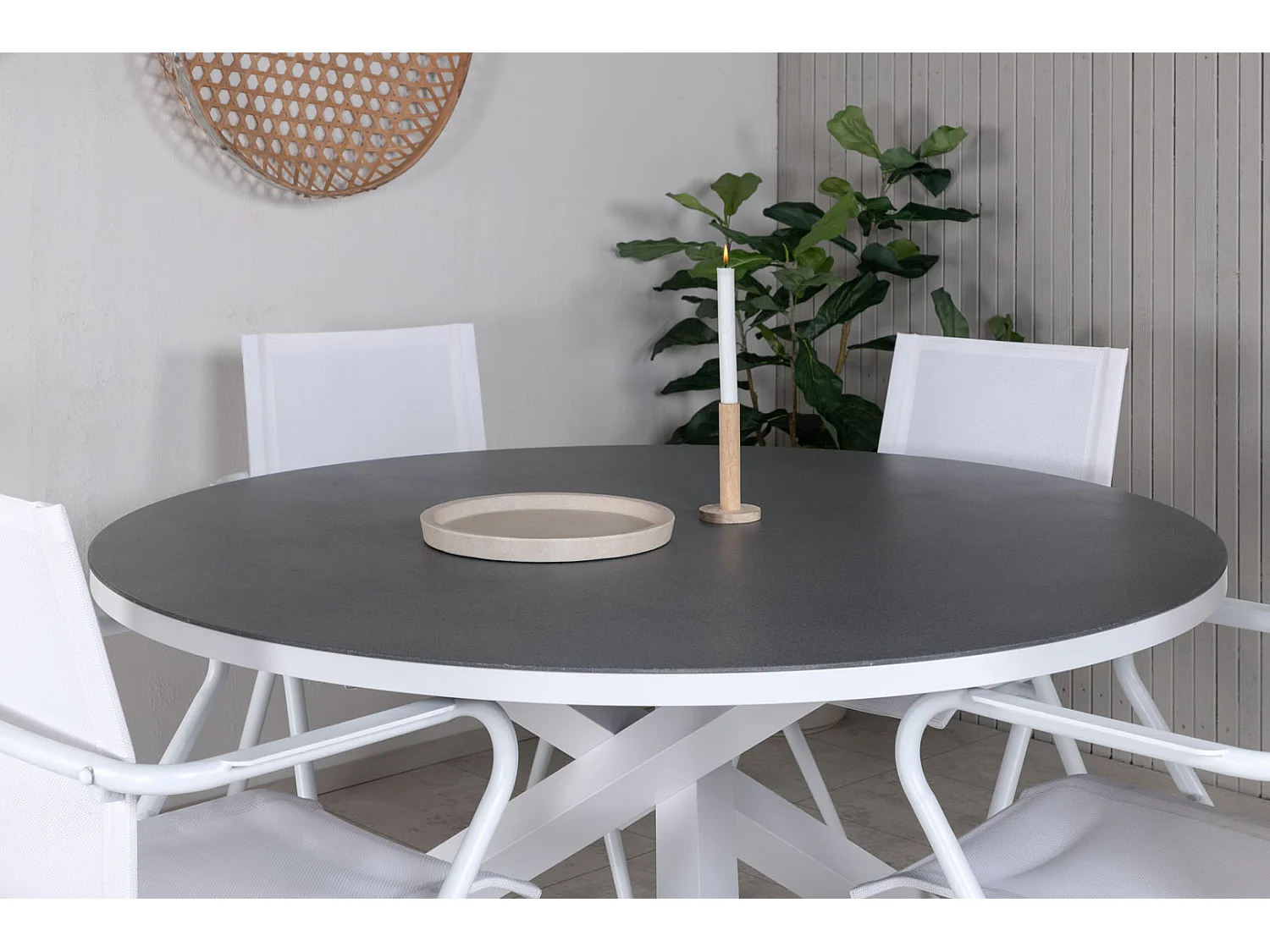 Copacabana Ensemble table et chaises de jardin, table Ø140cm et 4 chaises Alina, blanc, gris, crème.