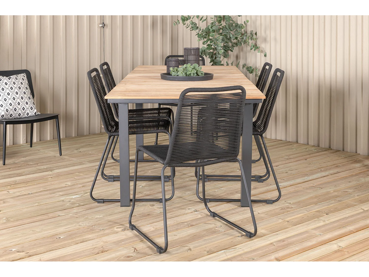 Mexico Ensemble table et chaises de jardin, table 90x160/240cm et 6 chaises stabelS Lindos, noir, naturel.