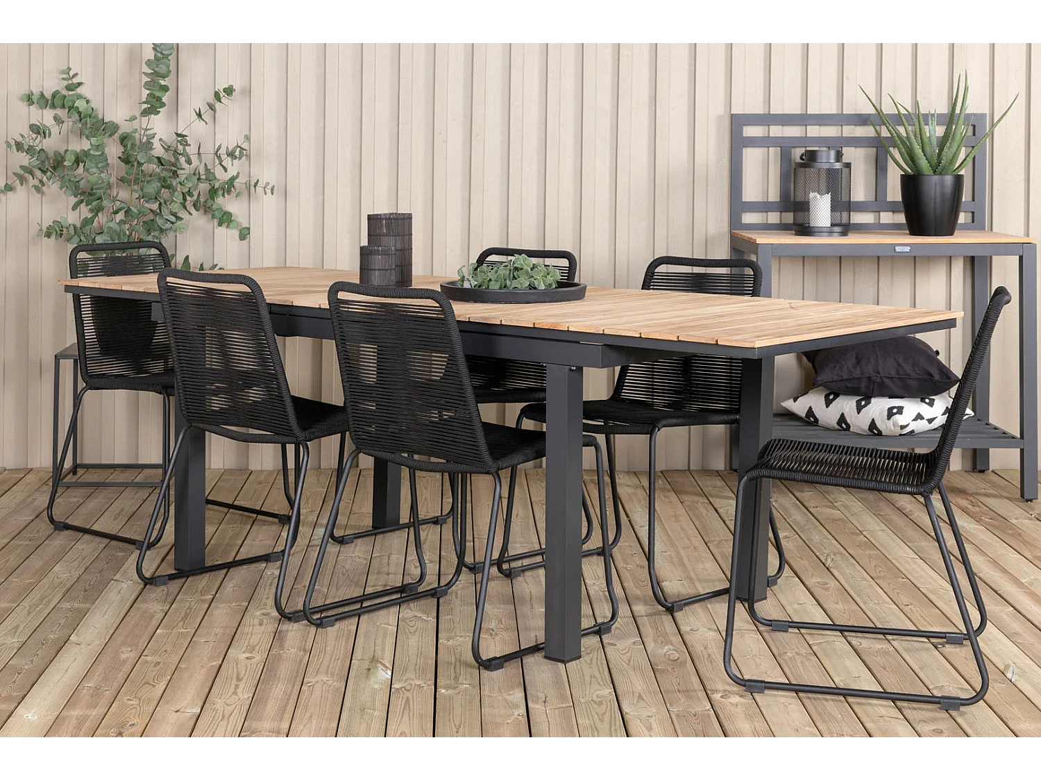 Mexico Ensemble table et chaises de jardin, table 90x160/240cm et 6 chaises stabelS Lindos, noir, naturel.