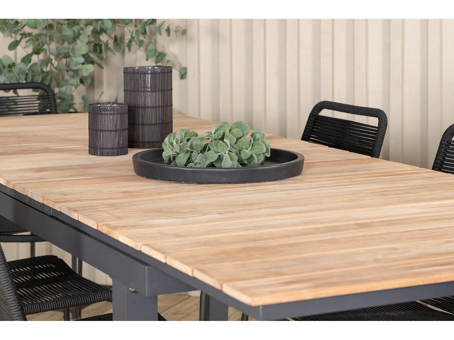 Mexico Ensemble table et chaises de jardin, table 90x160/240cm et 6 chaises stabelS Lindos, noir, naturel.