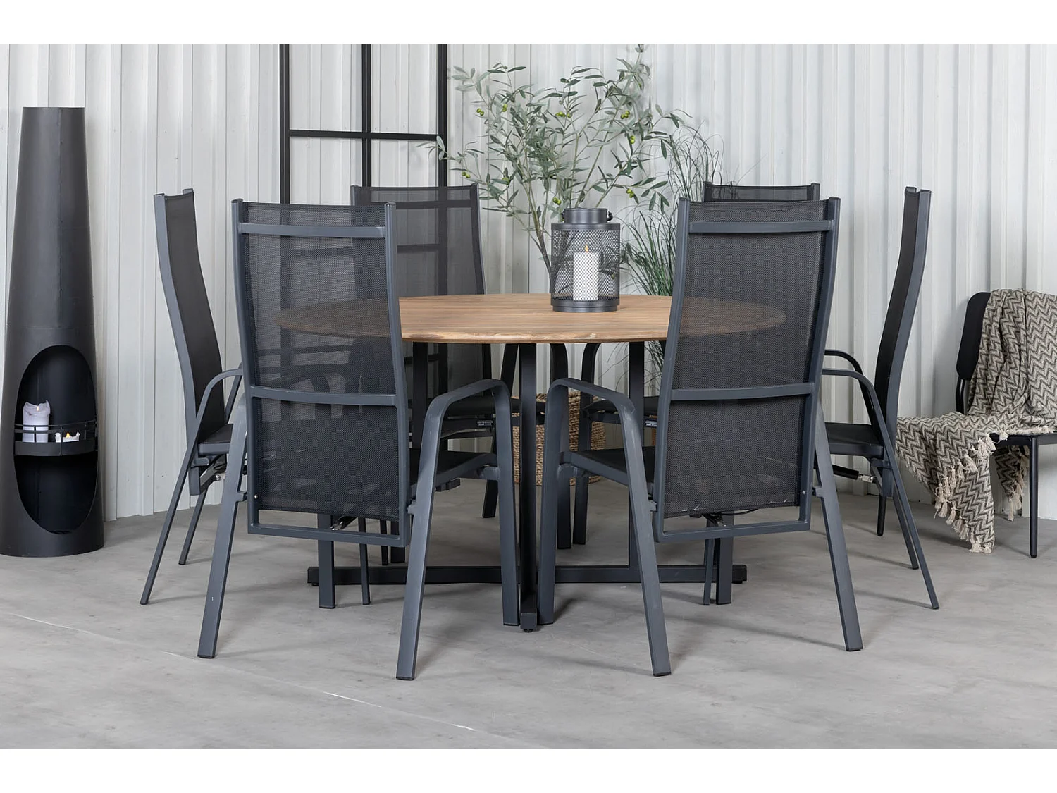 Cruz Ensemble table et chaises de jardin, table Ø140cm et 6 chaises Copacabana, noir, naturel.