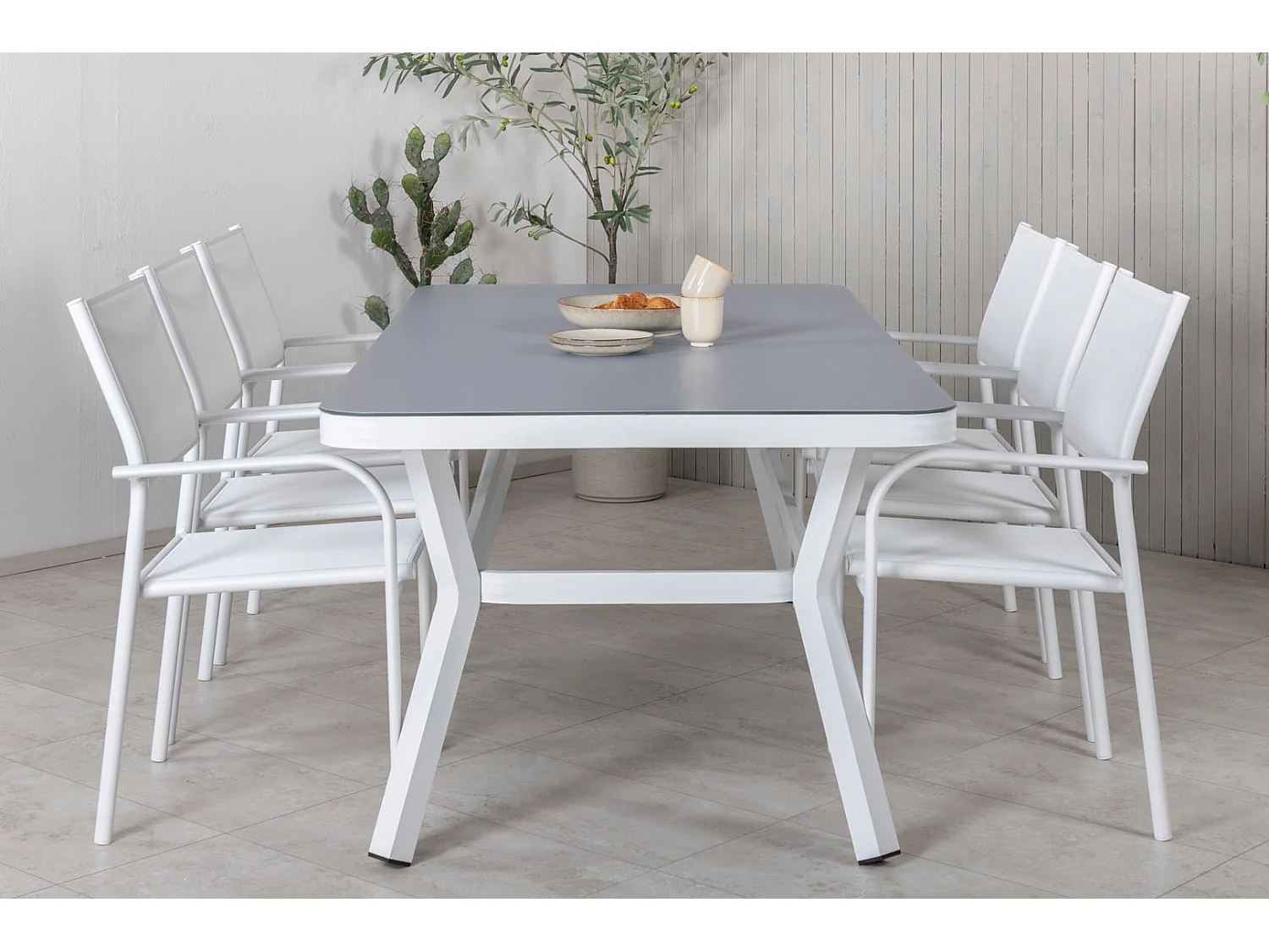 Virya tuinmeubelset tafel 100x200cm en 6 stoel Santorini wit, grijs.