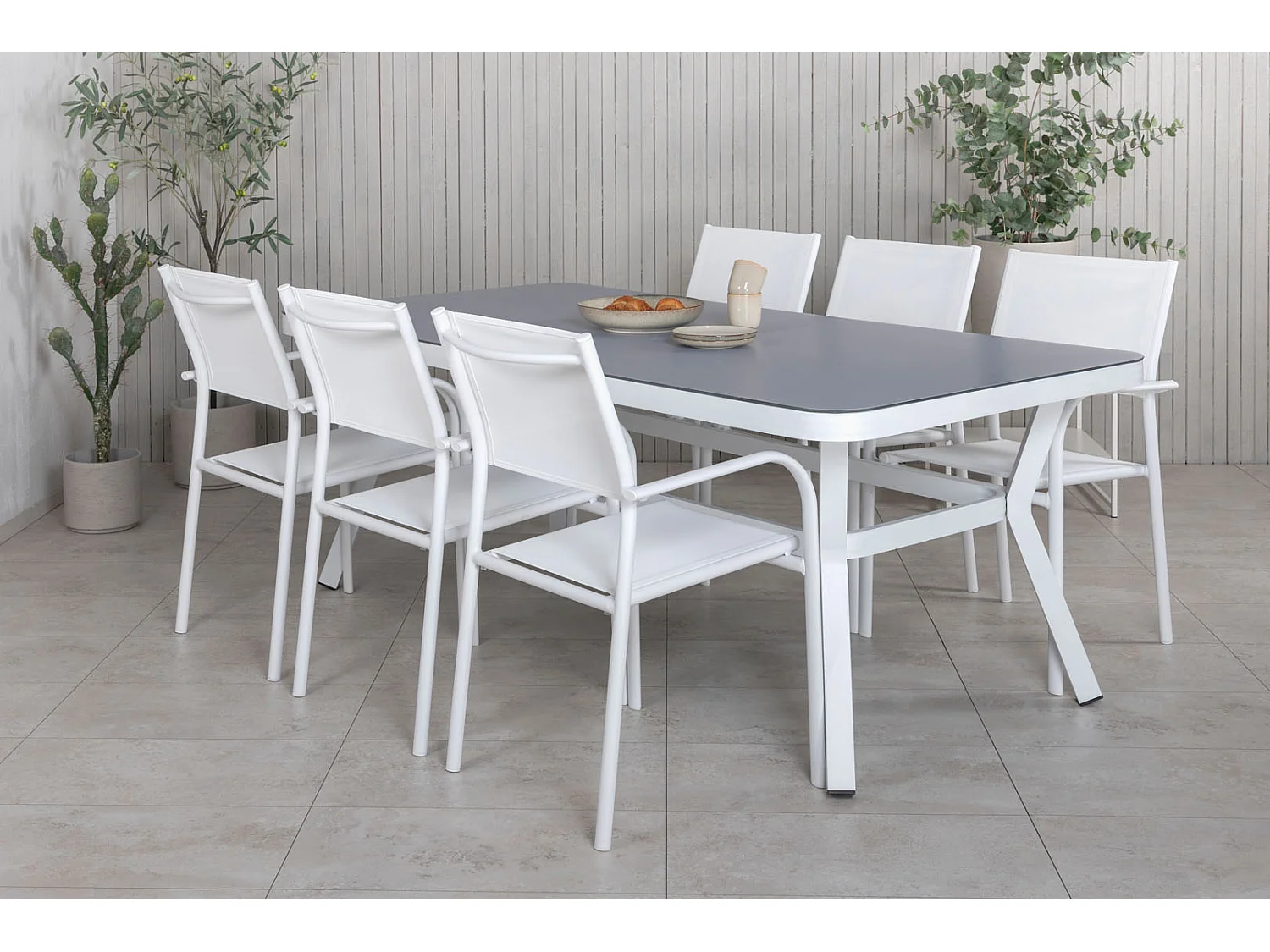 Virya tuinmeubelset tafel 100x200cm en 6 stoel Santorini wit, grijs.