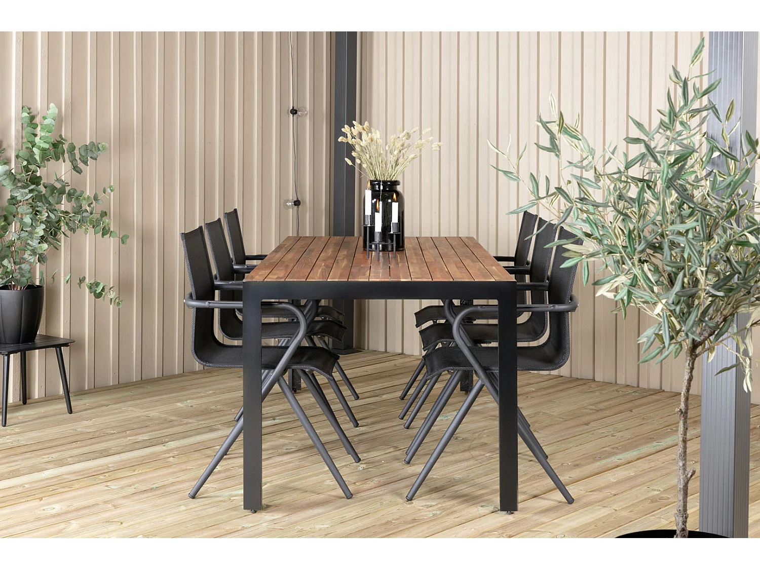 Bois Ensemble table et chaises de jardin, table 90x205cm et 6 chaises salu Alina, noir, naturel.
