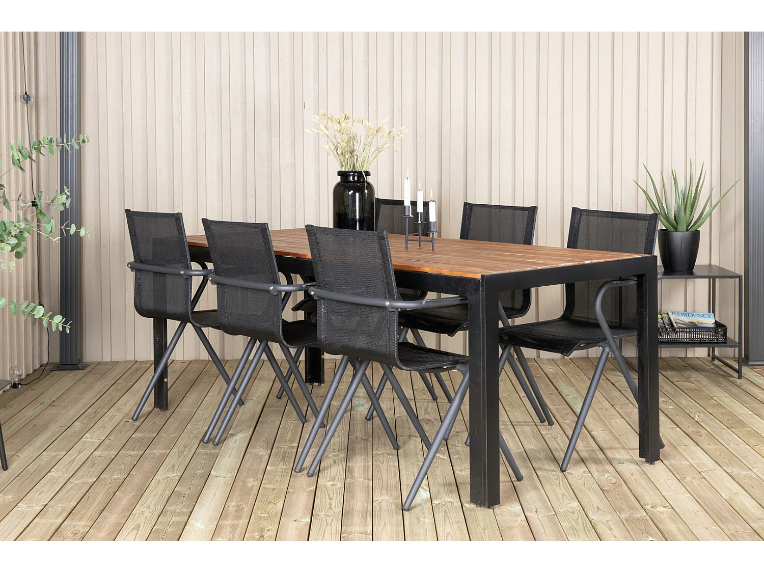 Bois Ensemble table et chaises de jardin, table 90x205cm et 6 chaises salu Alina, noir, naturel.