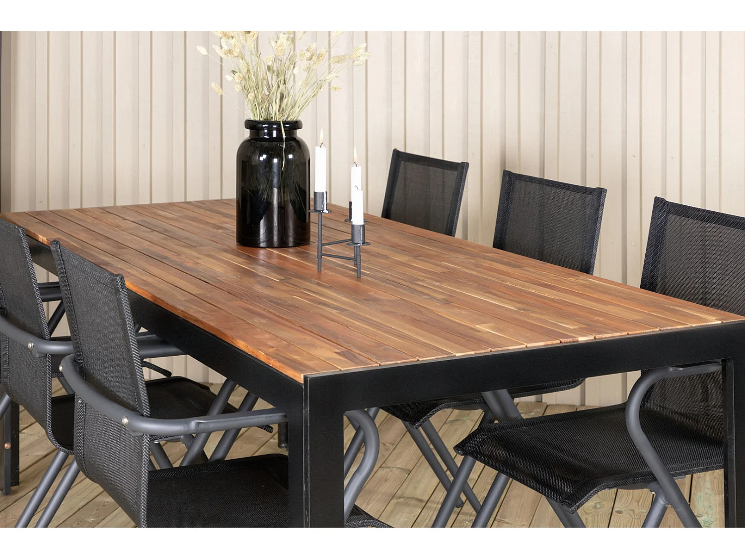 Bois Ensemble table et chaises de jardin, table 90x205cm et 6 chaises salu Alina, noir, naturel.