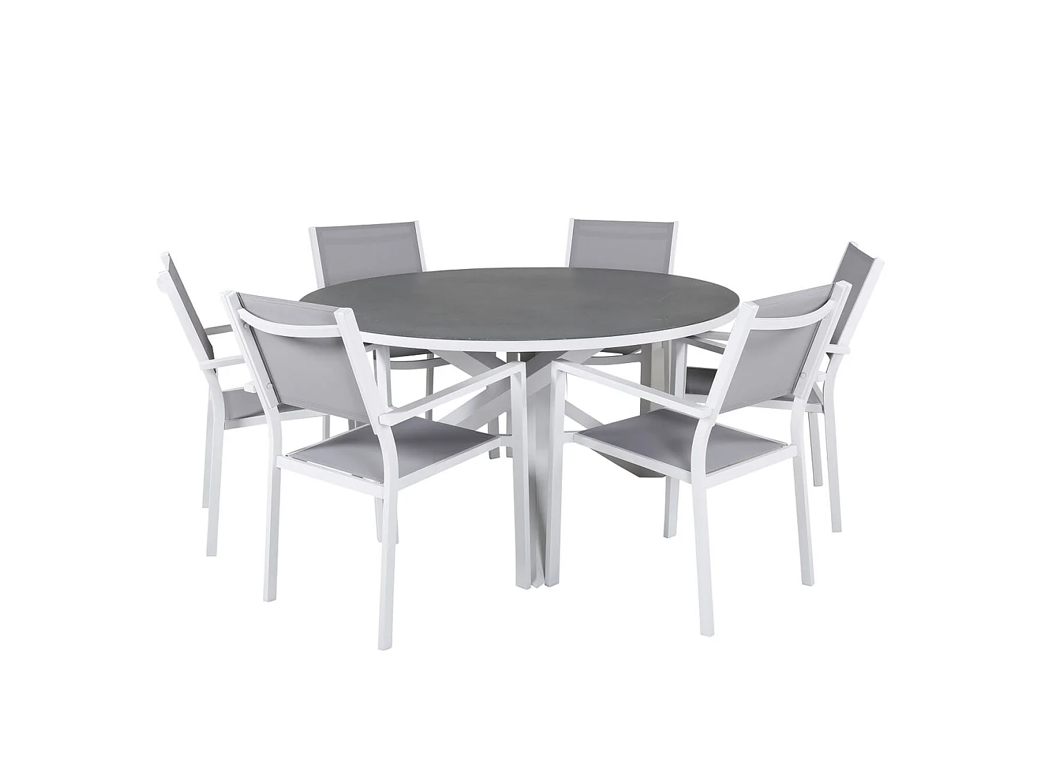 Copacabana Ensemble table et chaises de jardin, table Ø140cm et 6 chaises stable Copacabana, blanc, gris, crème.