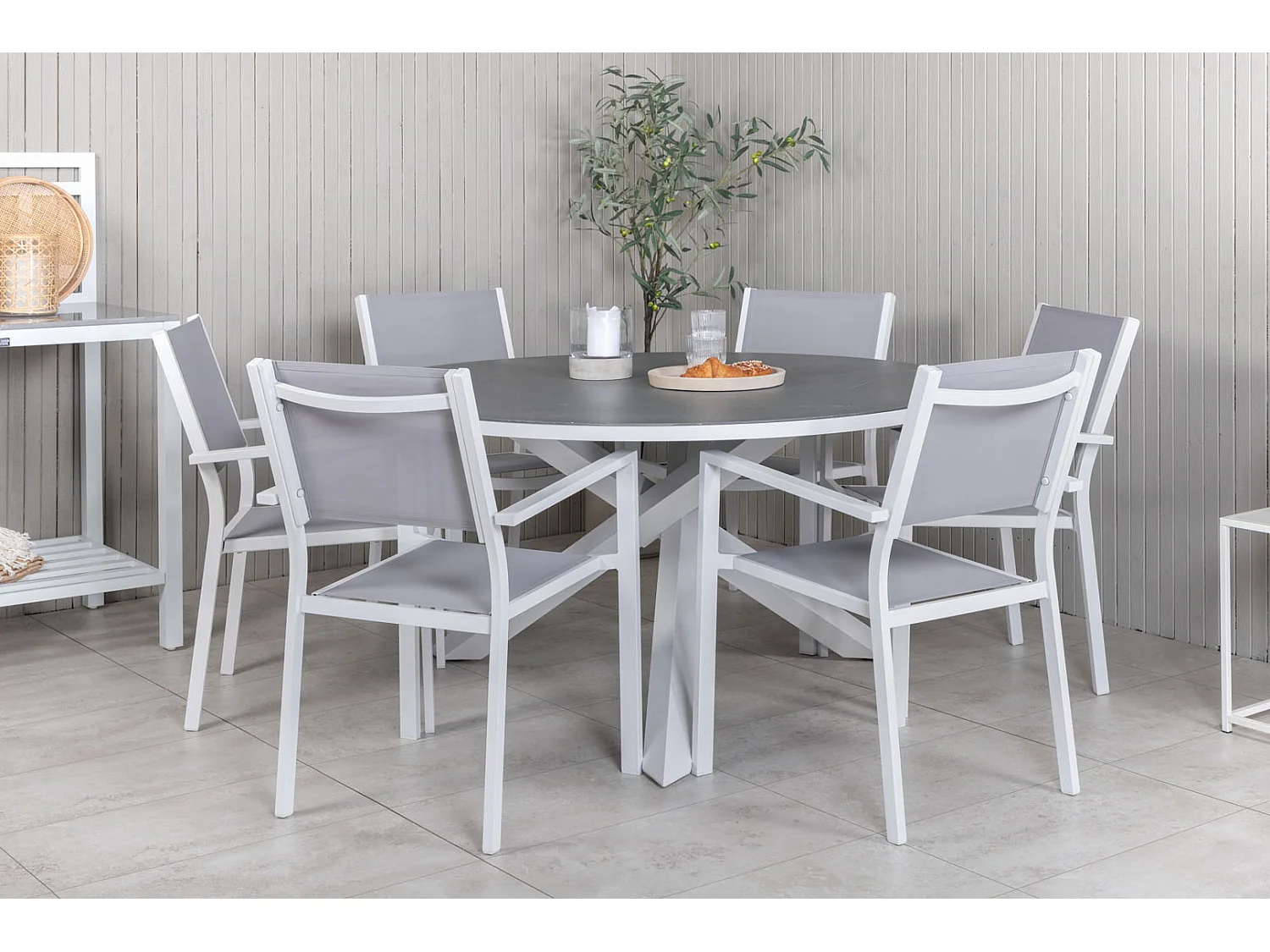 Copacabana Ensemble table et chaises de jardin, table Ø140cm et 6 chaises stable Copacabana, blanc, gris, crème.