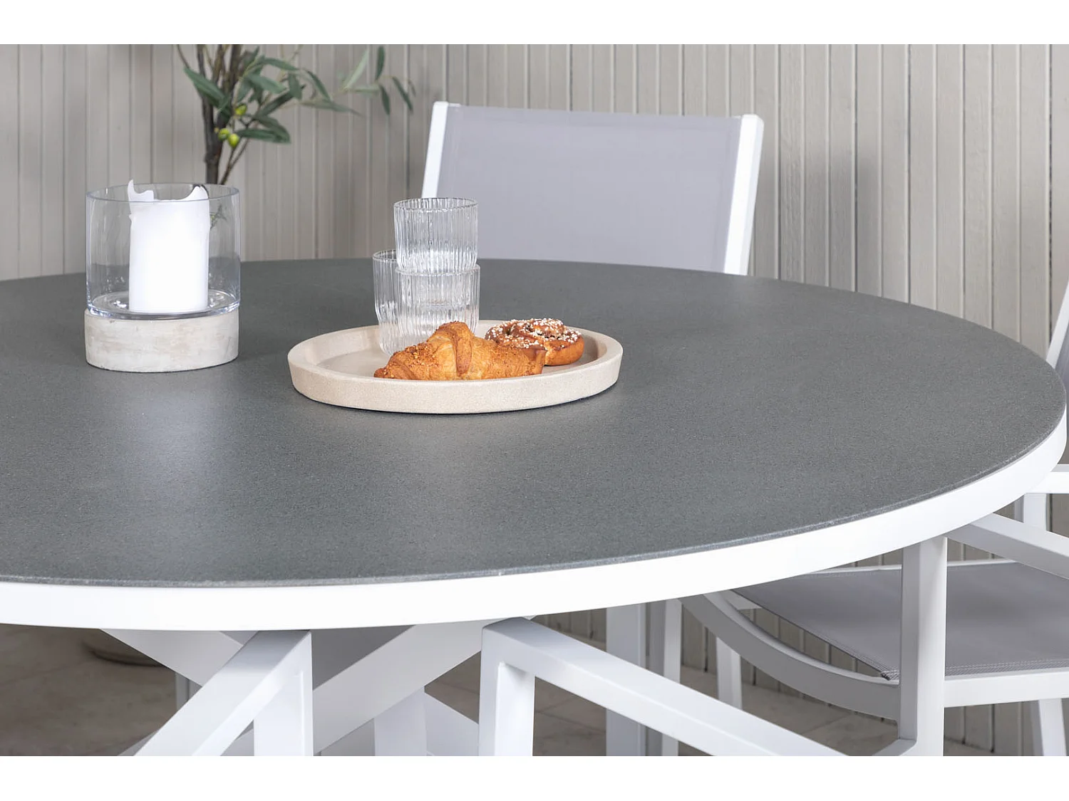 Copacabana Ensemble table et chaises de jardin, table Ø140cm et 6 chaises stable Copacabana, blanc, gris, crème.