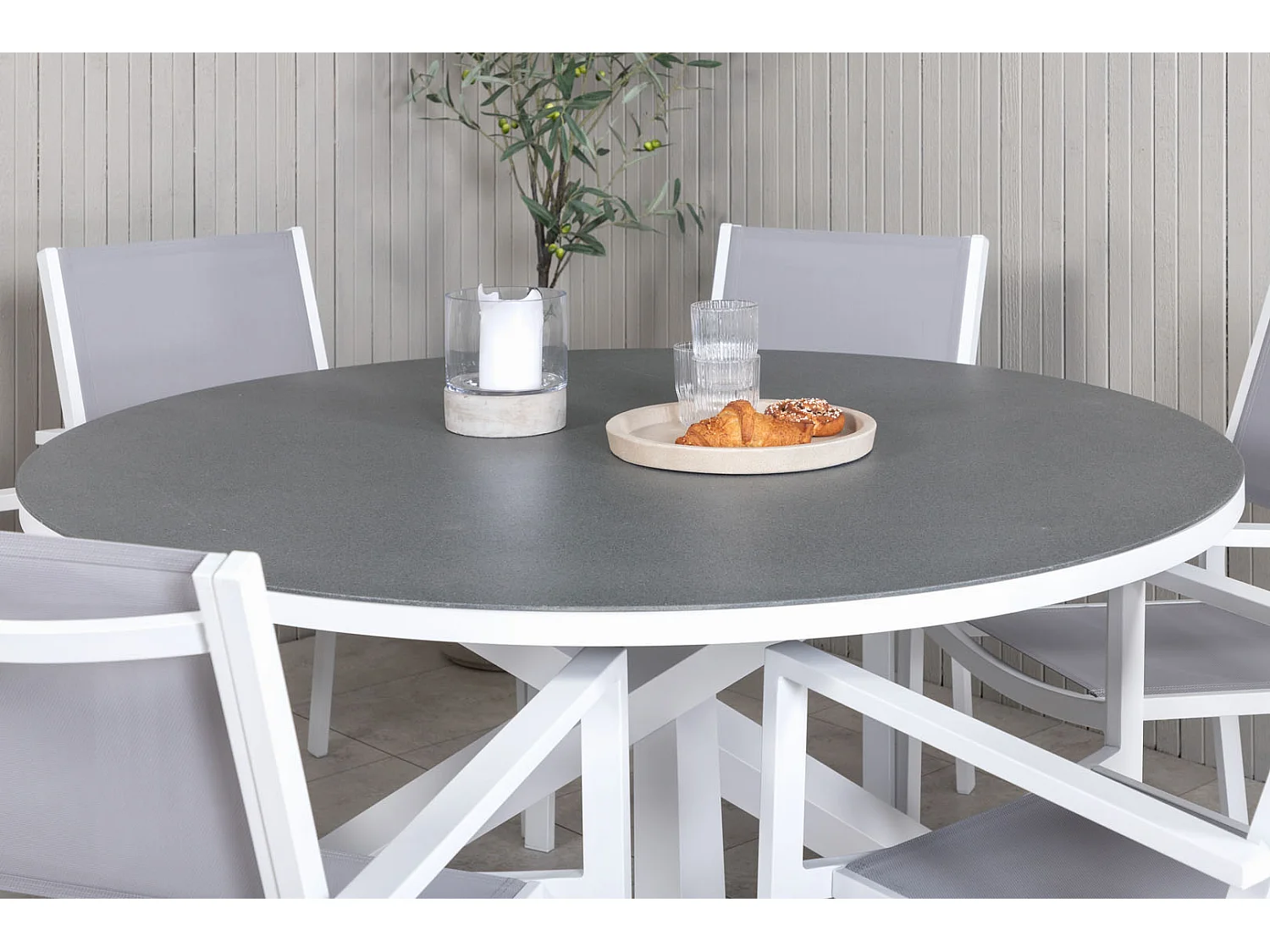 Copacabana Ensemble table et chaises de jardin, table Ø140cm et 6 chaises stable Copacabana, blanc, gris, crème.