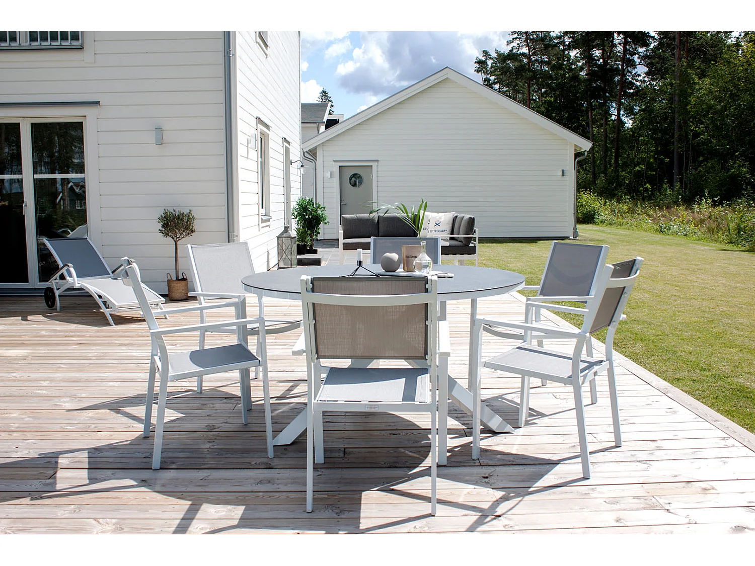 Copacabana Ensemble table et chaises de jardin, table Ø140cm et 6 chaises stable Copacabana, blanc, gris, crème.