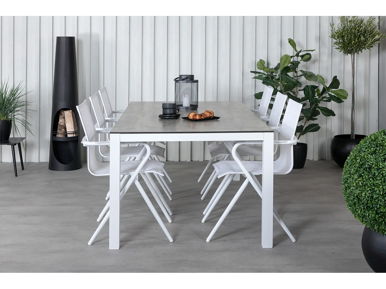 Llama Ensemble table et chaises de jardin, table 100x205cm et 6 chaises Alina, blanc, gris, crème.