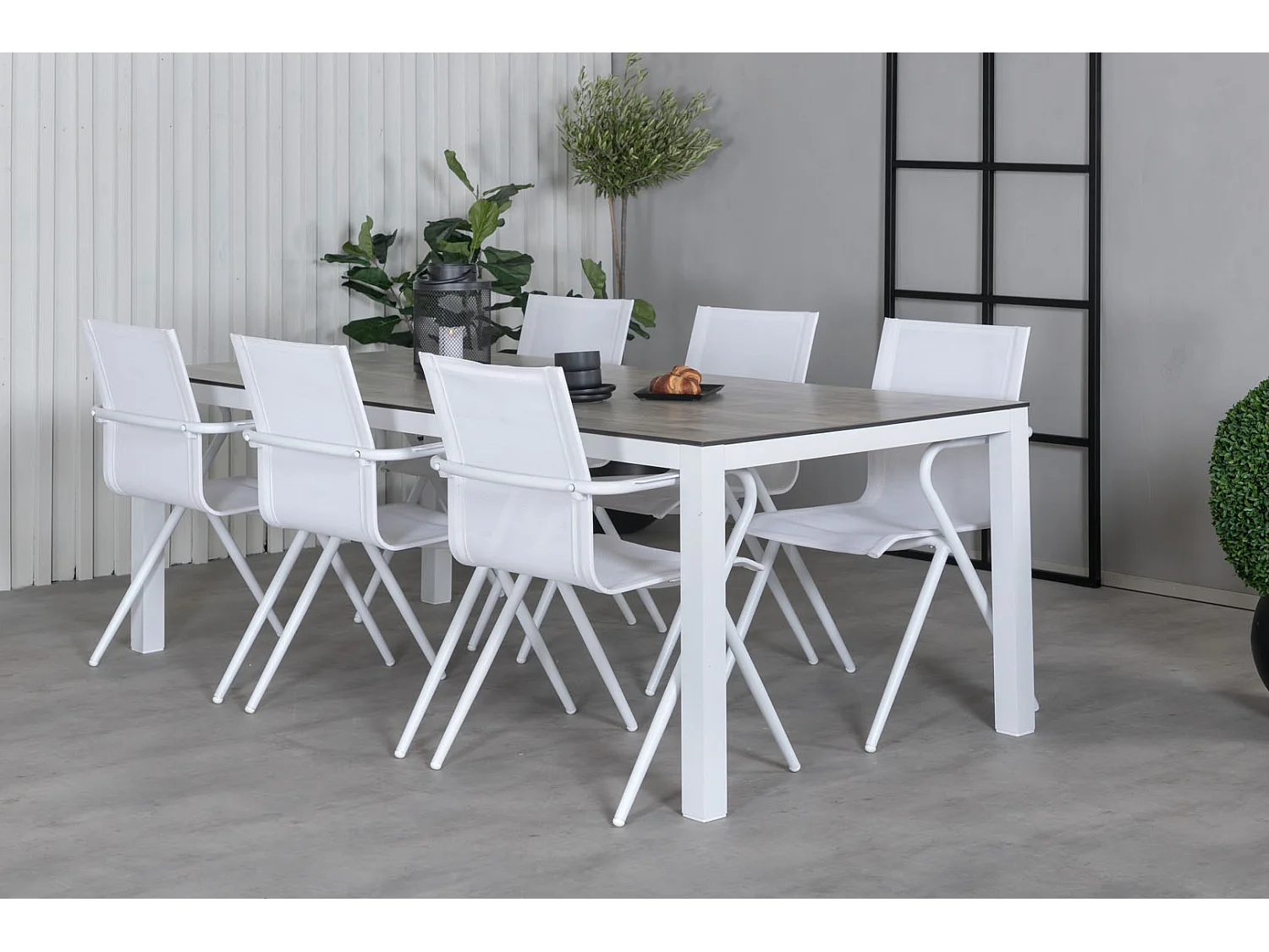 Llama Ensemble table et chaises de jardin, table 100x205cm et 6 chaises Alina, blanc, gris, crème.