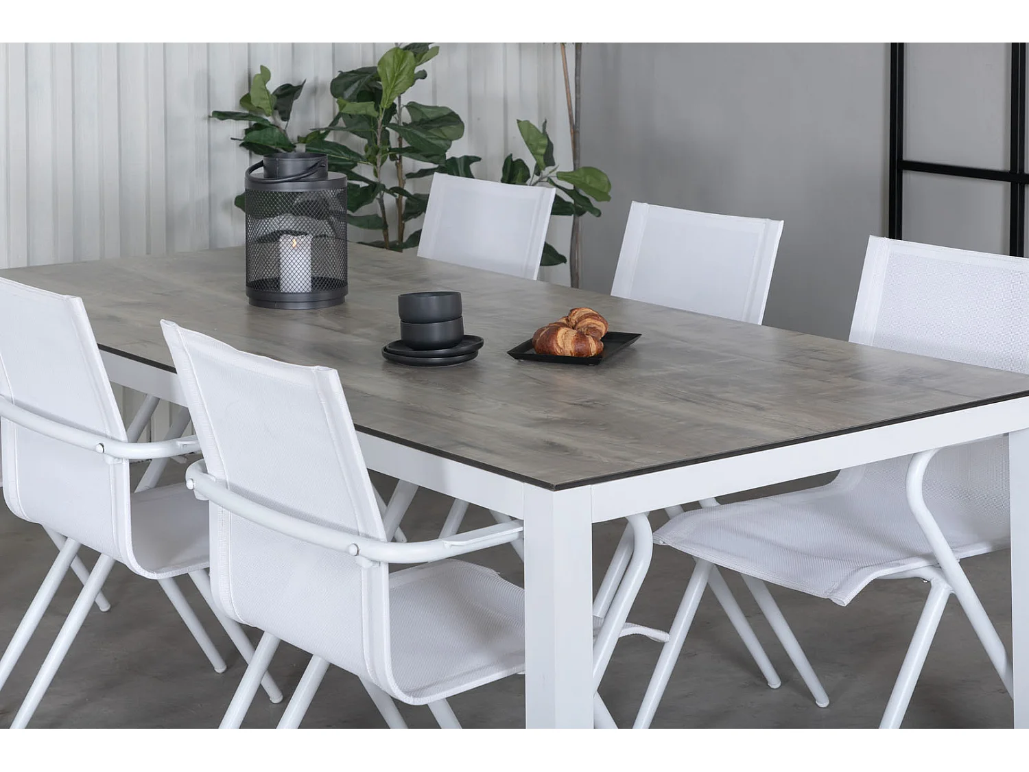 Llama Ensemble table et chaises de jardin, table 100x205cm et 6 chaises Alina, blanc, gris, crème.