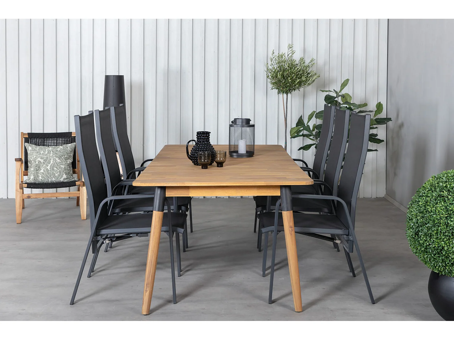 Julian Ensemble table et chaises de jardin, table 100x210cm et 6 chaises Copacabana, noir, naturel.