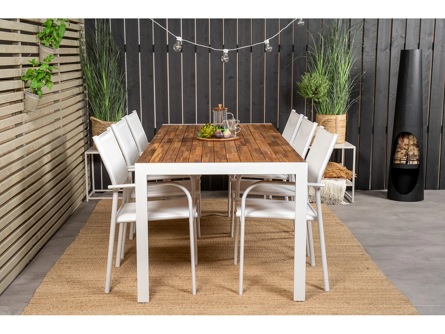 Bois tuinmeubelset tafel 90x205cm en 6 stoel Santorini wit, naturel.