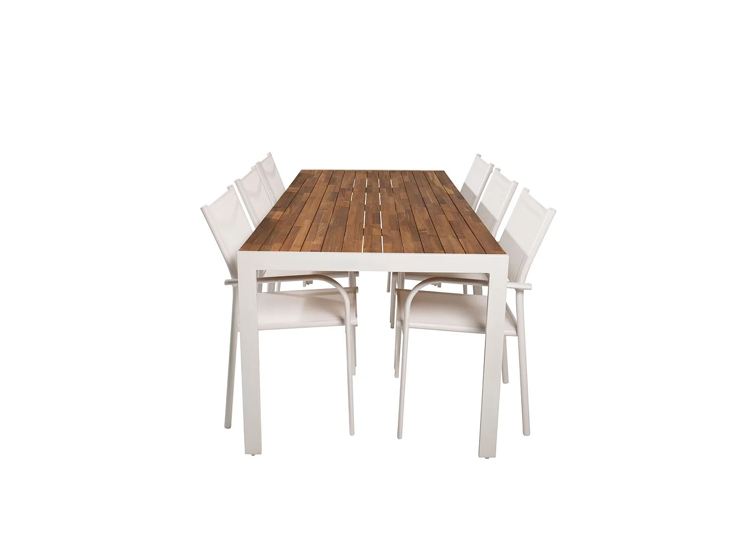 Bois Ensemble table et chaises de jardin, table 90x205cm et 6 chaises Santorin, blanc, naturel.