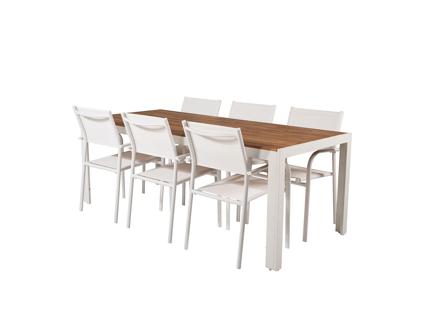 Bois Ensemble table et chaises de jardin, table 90x205cm et 6 chaises Santorin, blanc, naturel.