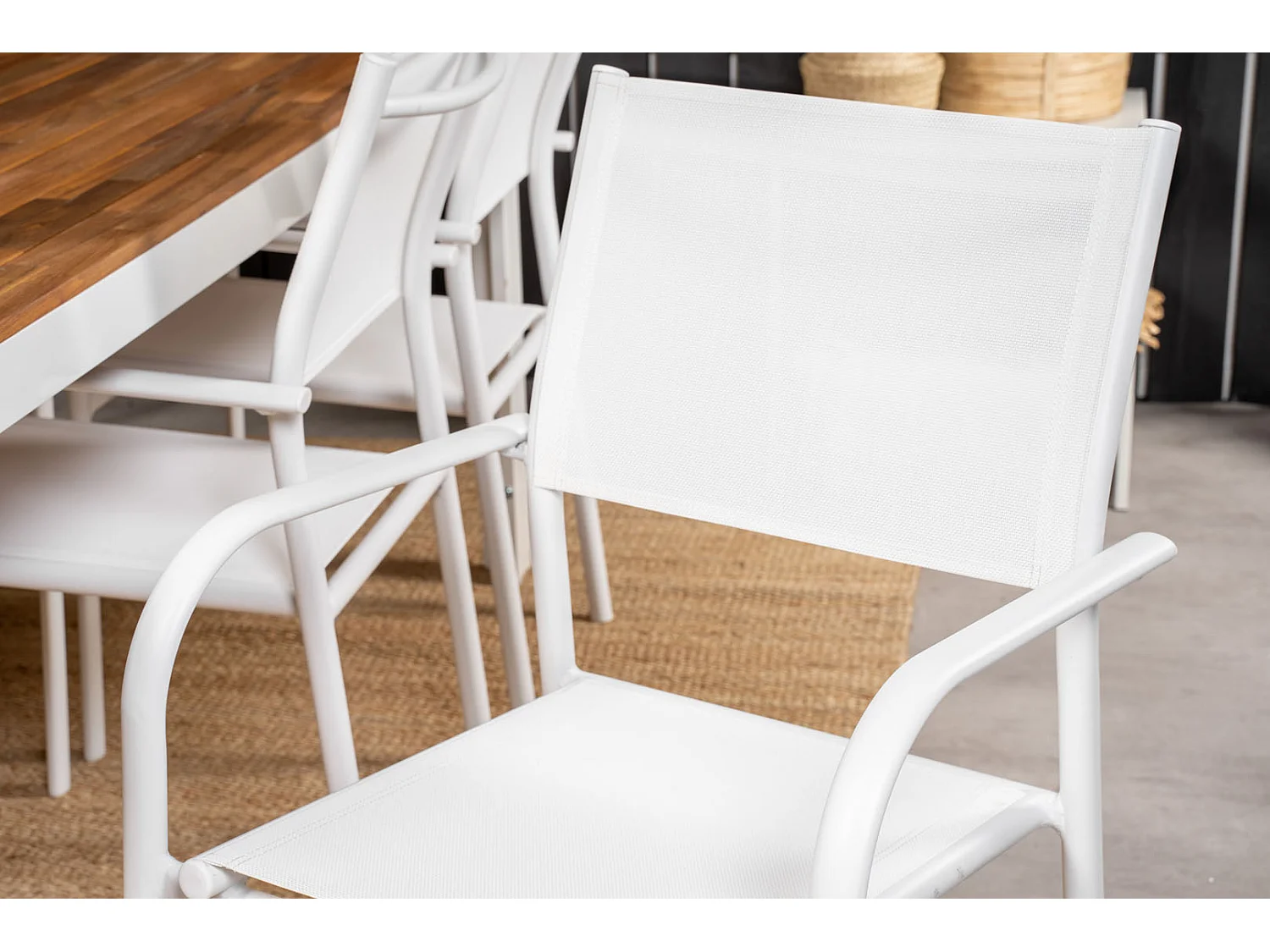 Bois Ensemble table et chaises de jardin, table 90x205cm et 6 chaises Santorin, blanc, naturel.