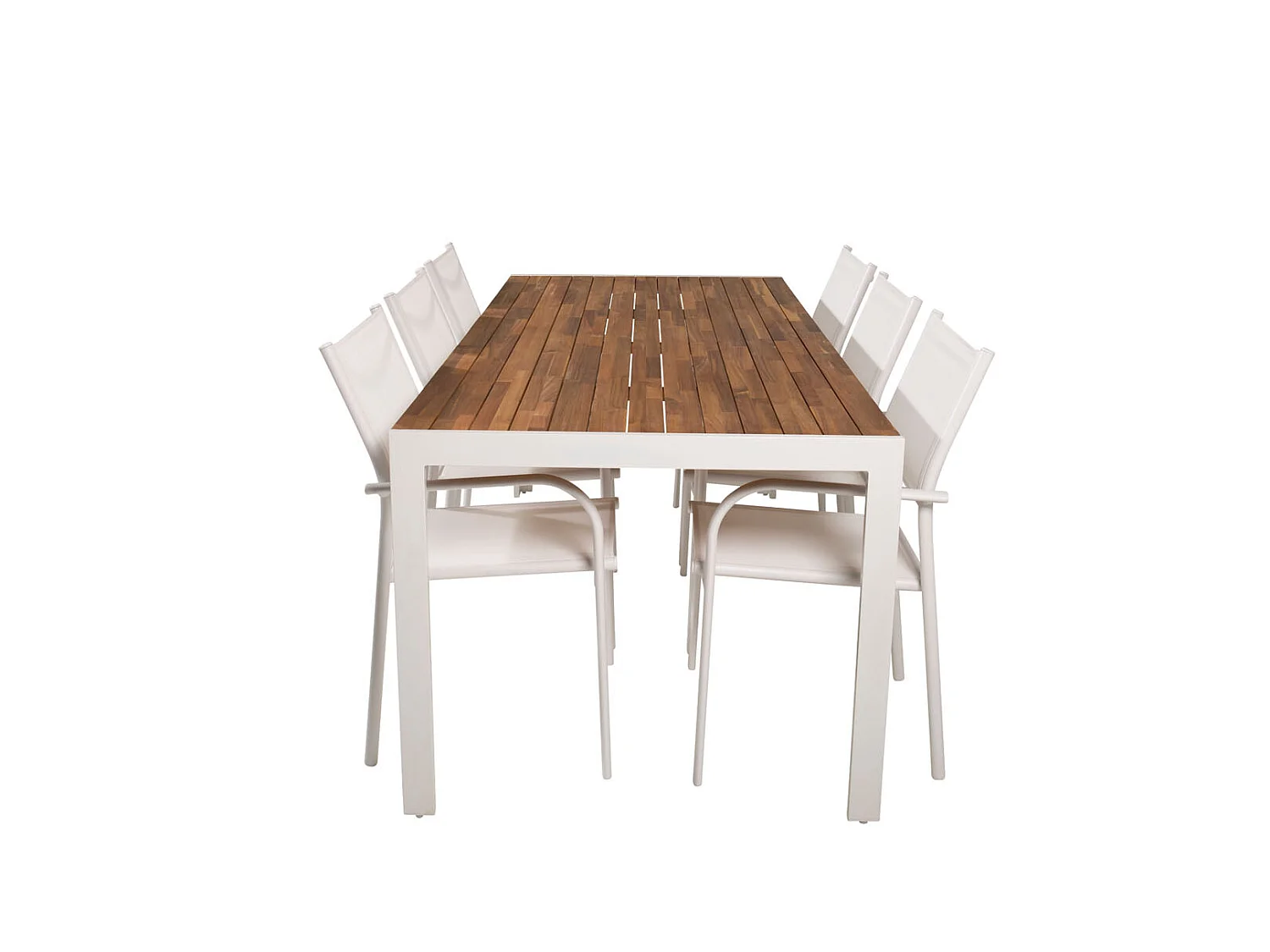 Bois Ensemble table et chaises de jardin, table 90x205cm et 6 chaises Santorin, blanc, naturel.