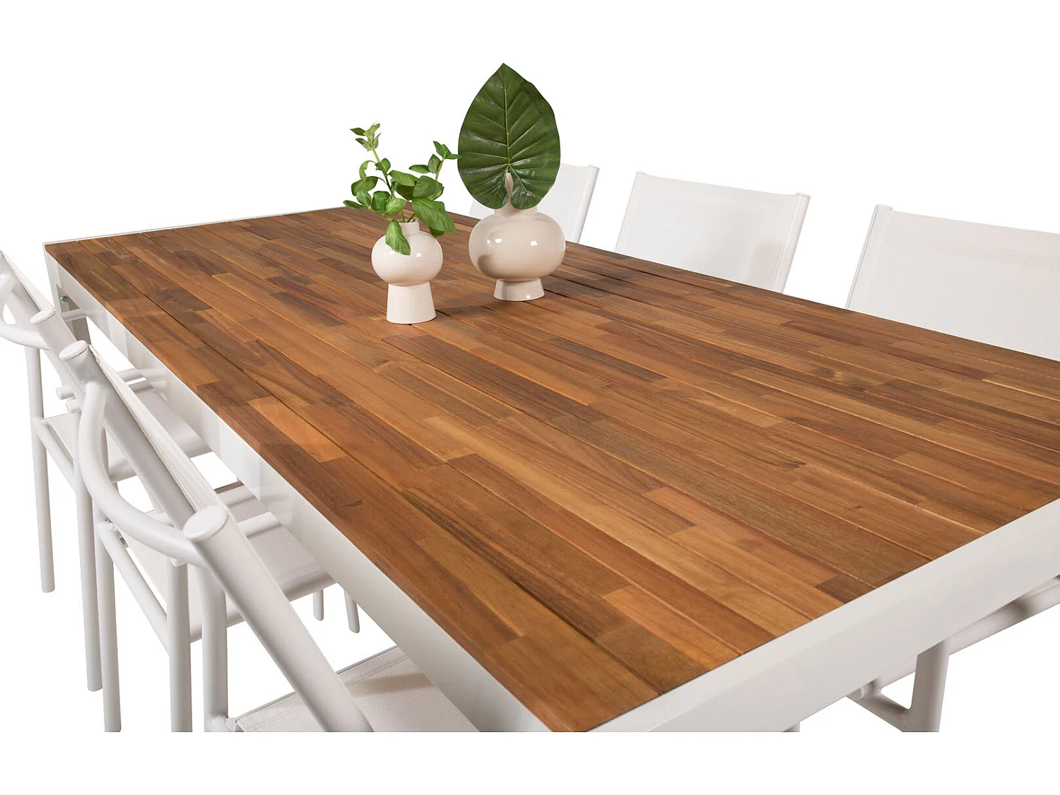 Bois Ensemble table et chaises de jardin, table 90x205cm et 6 chaises Santorin, blanc, naturel.