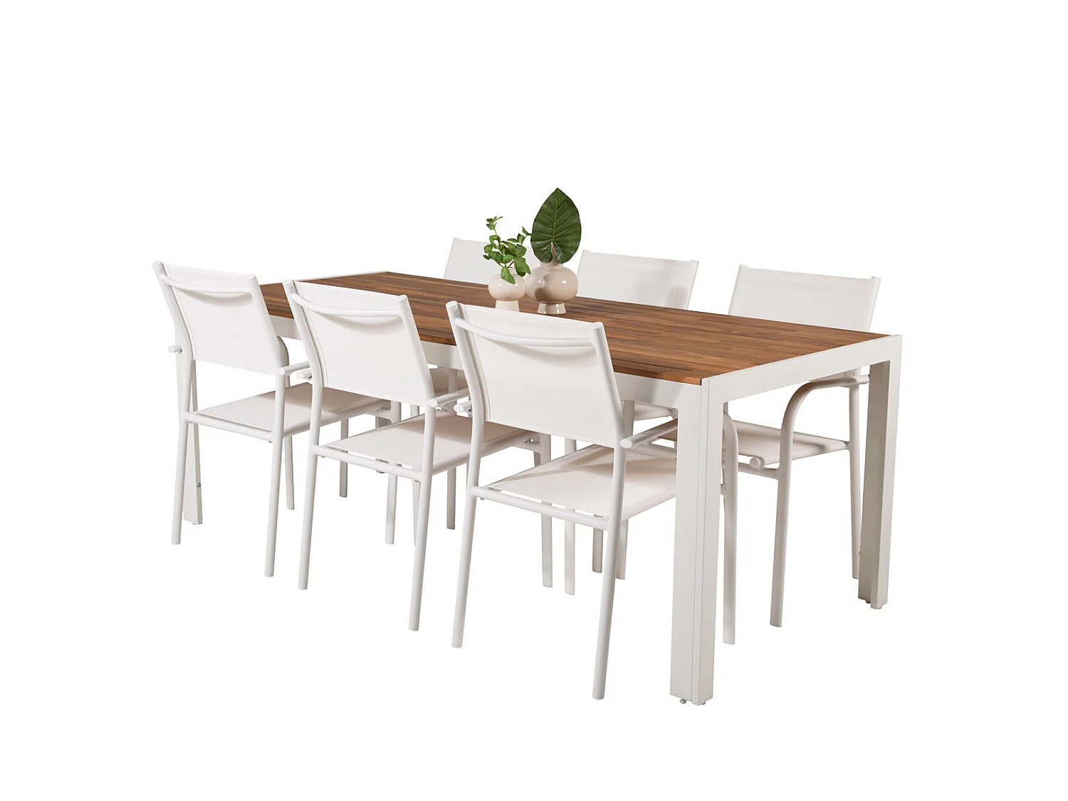Bois Ensemble table et chaises de jardin, table 90x205cm et 6 chaises Santorin, blanc, naturel.