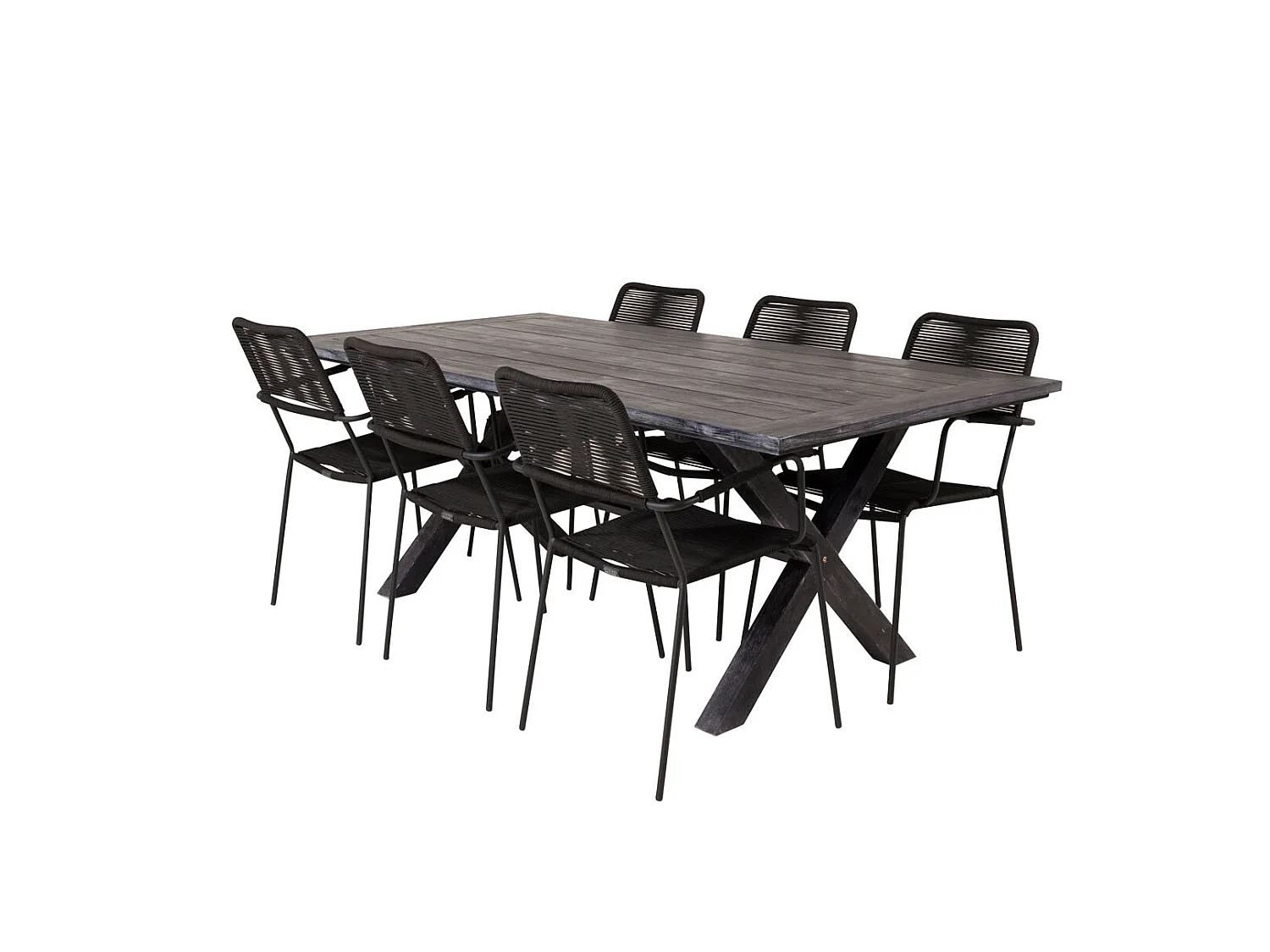 Rives Ensemble table et chaises de jardin, table 100x200cm et 6 chaises Lindos avec accoudoirs, noir.
