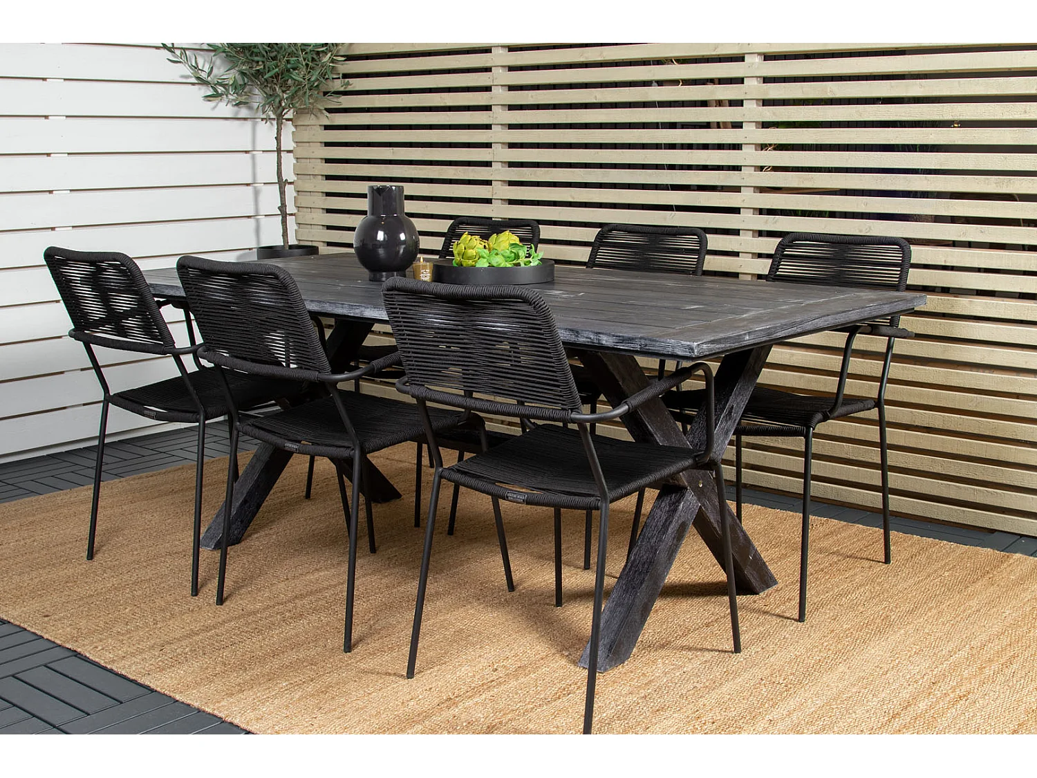 Rives Ensemble table et chaises de jardin, table 100x200cm et 6 chaises Lindos avec accoudoirs, noir.