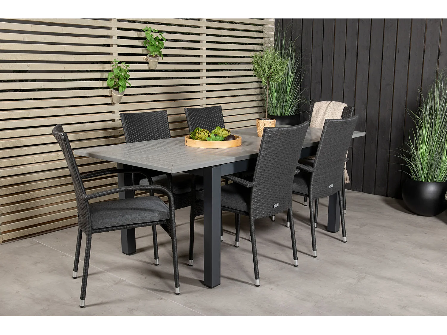 Albany Ensemble table et chaises de jardin, table 100x160/240cm et 6 chaises Anna, noir, gris.
