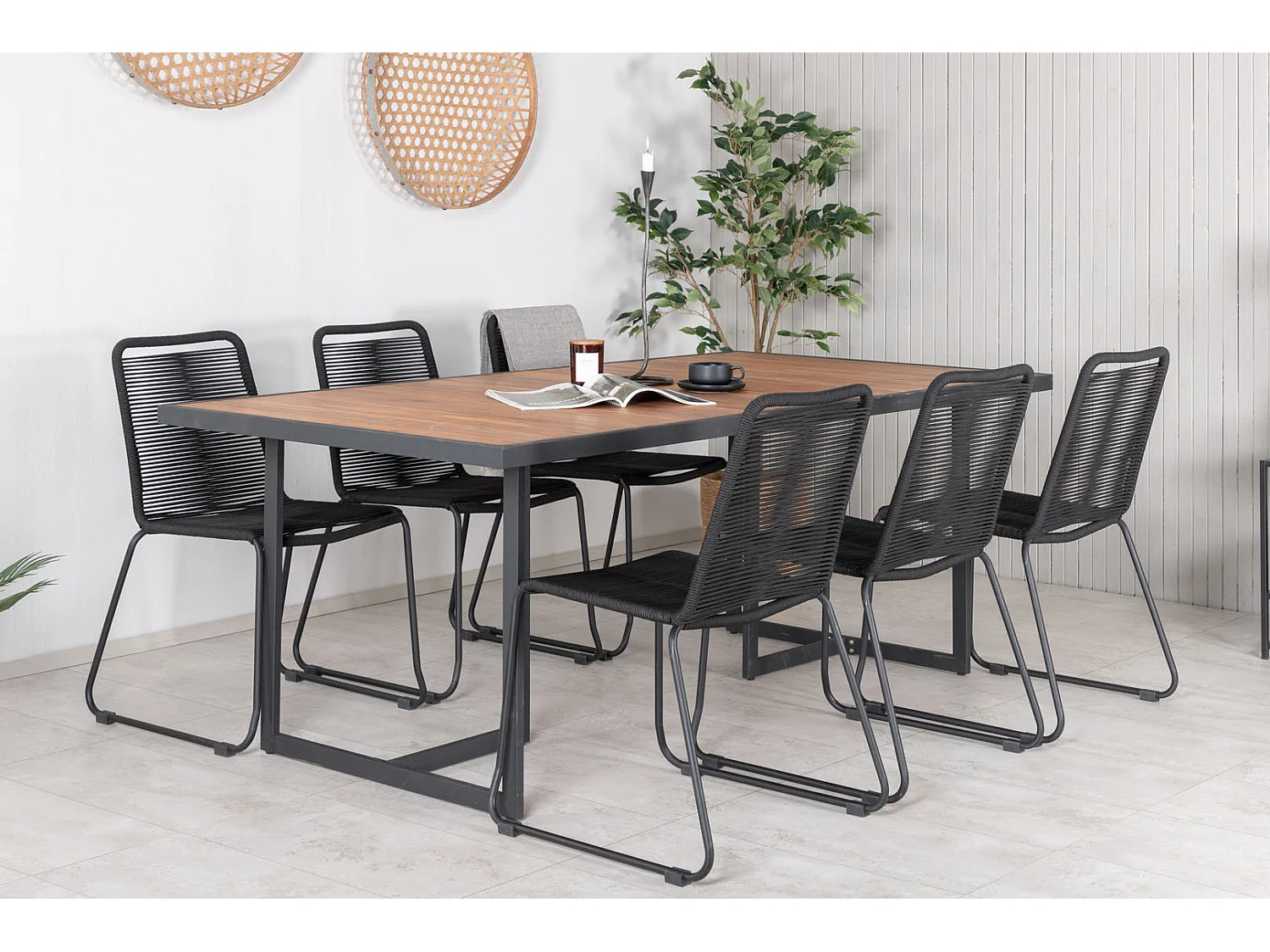 Khung Ensemble table et chaises de jardin, table 100x200cm et 6 chaises stabel Lindos, noir, naturel.