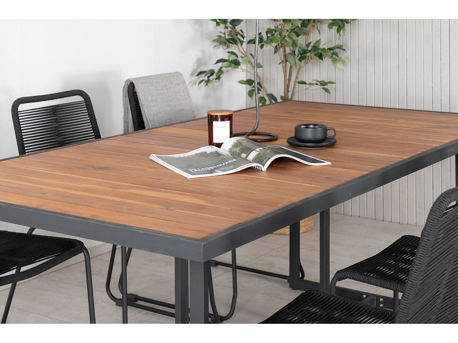 Khung Ensemble table et chaises de jardin, table 100x200cm et 6 chaises stabel Lindos, noir, naturel.