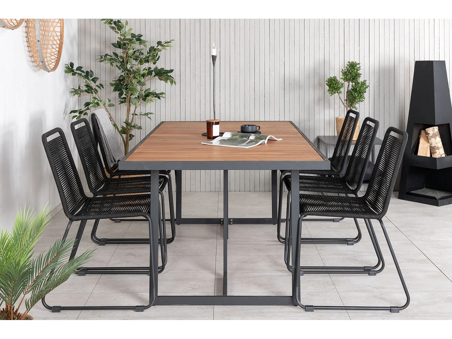 Khung Gartenset Tisch 100x200cm und 6 Stühle stabel Lindos schwarz, natur.