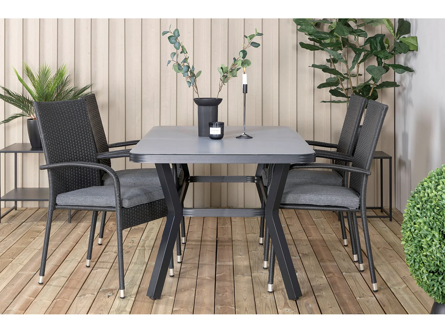 Virya Gartenset Tisch 90x160cm und 4 Stühle Anna schwarz, grau.