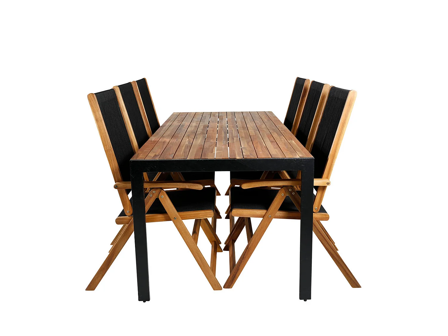 Bois Ensemble table et chaises de jardin, table 90x205cm et 6 chaises Little John, noir, naturel.