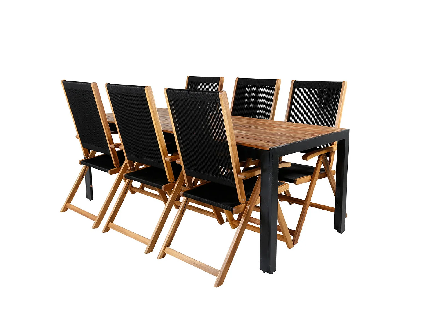 Bois Ensemble table et chaises de jardin, table 90x205cm et 6 chaises Little John, noir, naturel.