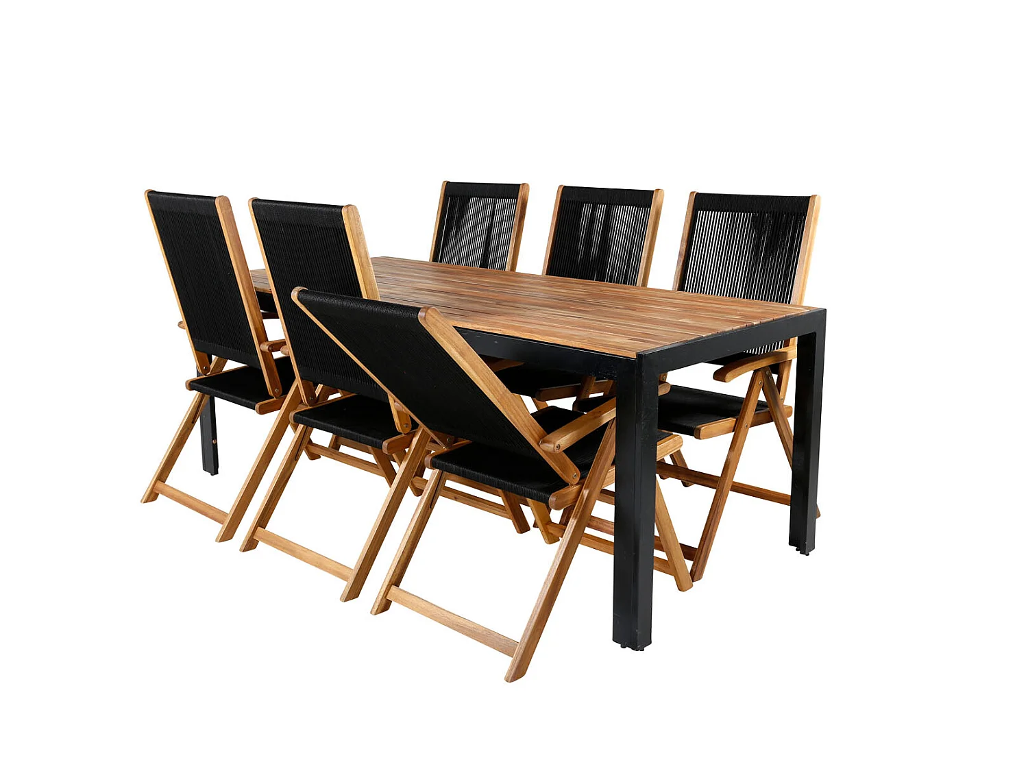 Bois Ensemble table et chaises de jardin, table 90x205cm et 6 chaises Little John, noir, naturel.