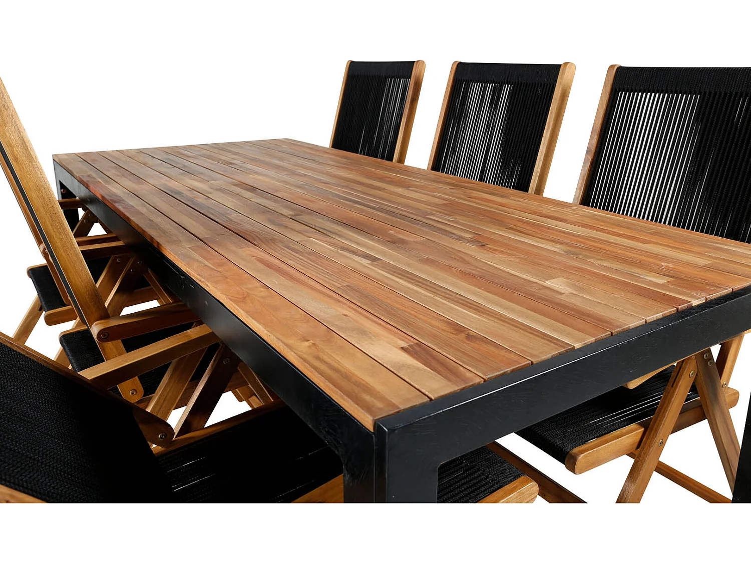 Bois Ensemble table et chaises de jardin, table 90x205cm et 6 chaises Little John, noir, naturel.