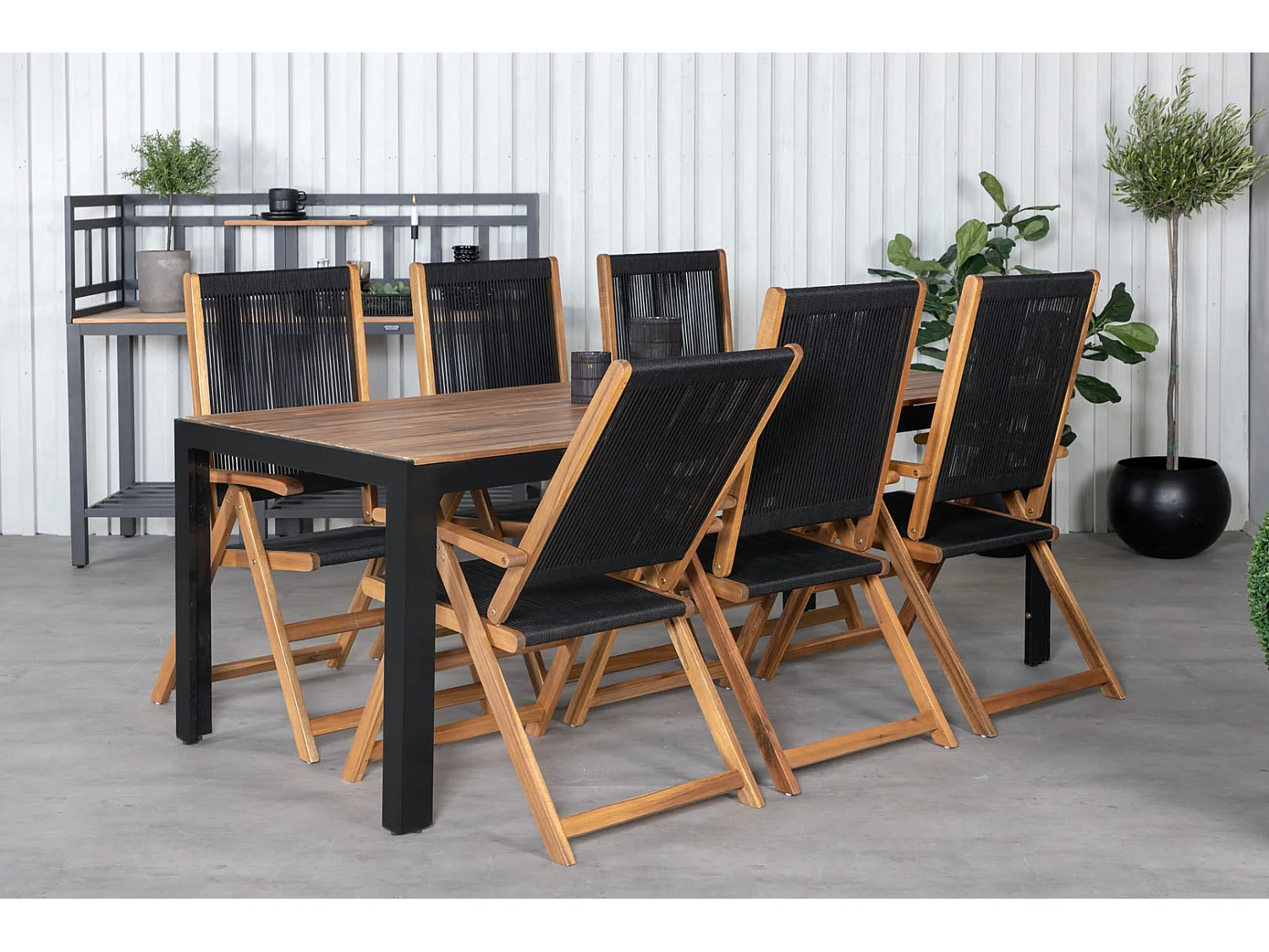 Bois Ensemble table et chaises de jardin, table 90x205cm et 6 chaises Little John, noir, naturel.